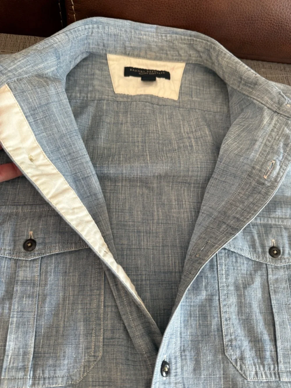 Banana Republic Light‎ Blue Striped Utility Shirt 16-16 1/2. 100% Cotton
